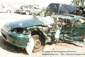 a picture of a car crushed by an oncoming driver at 90mph